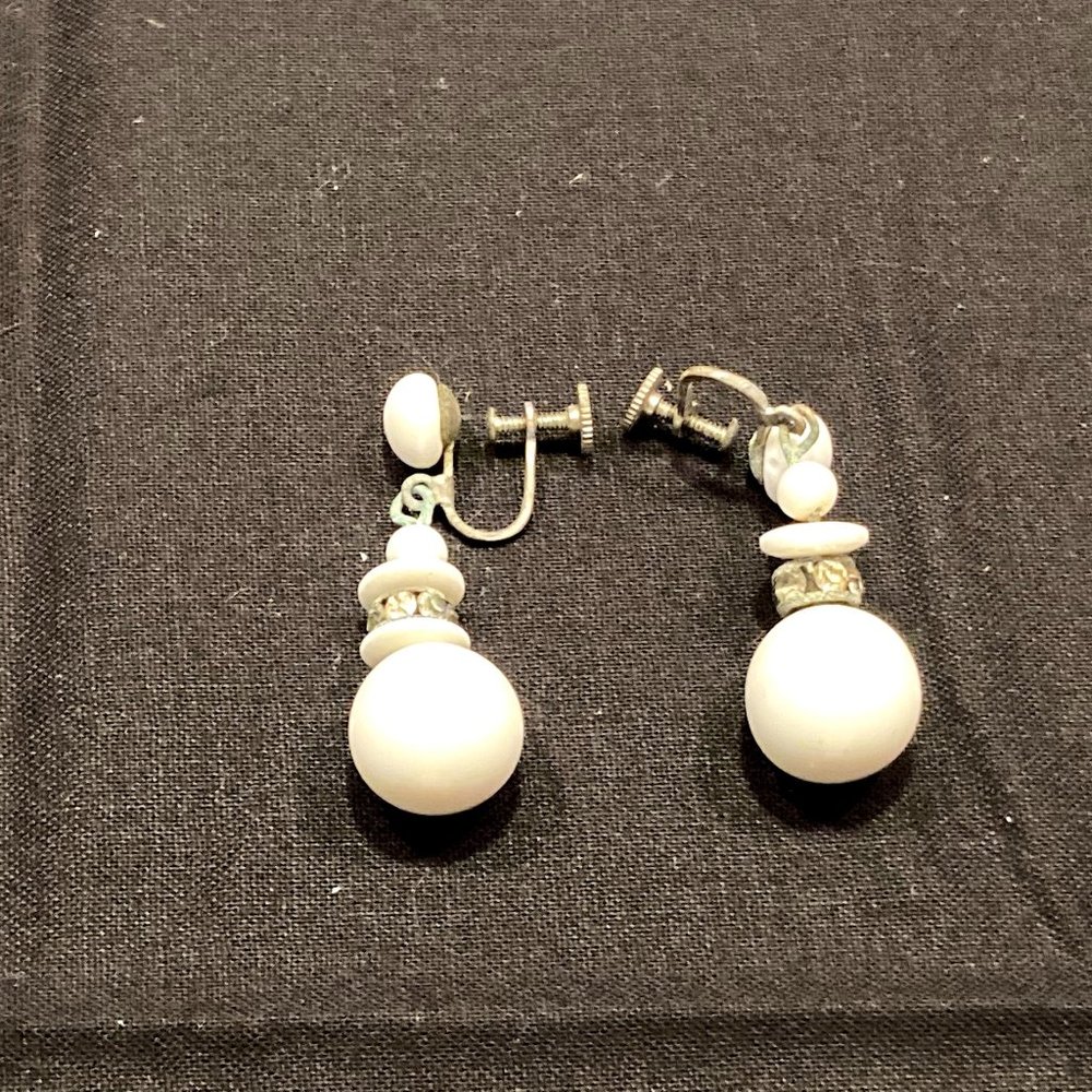 Vintage White Resin and Glass Clip on Earrings with Screw Post